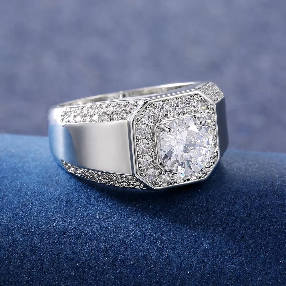 Exquisite Luxury 925 Sterling Silver Men's AAA Crystal Zircon Wedding Ring - Perfect for Engagements and Special Occasions