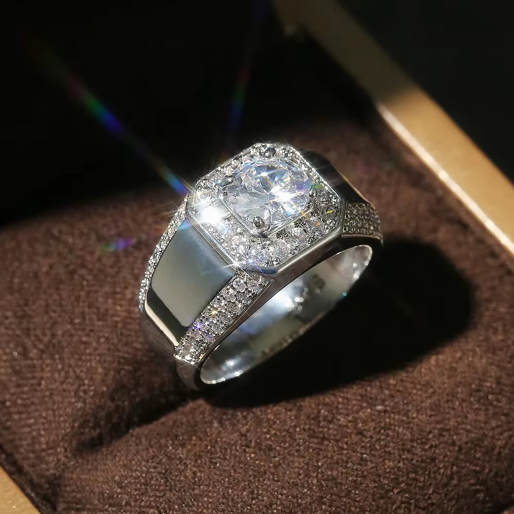 Exquisite Luxury 925 Sterling Silver Men's AAA Crystal Zircon Wedding Ring - Perfect for Engagements and Special Occasions