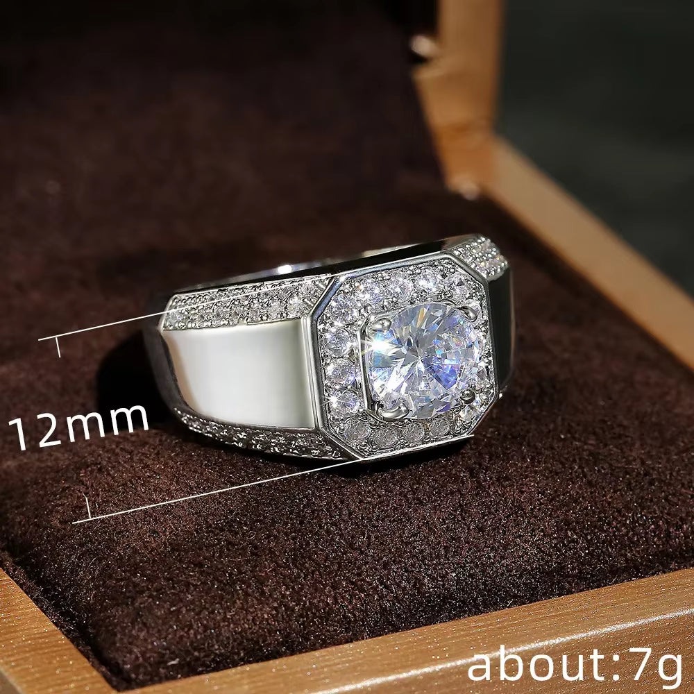 Exquisite Luxury 925 Sterling Silver Men's AAA Crystal Zircon Wedding Ring - Perfect for Engagements and Special Occasions