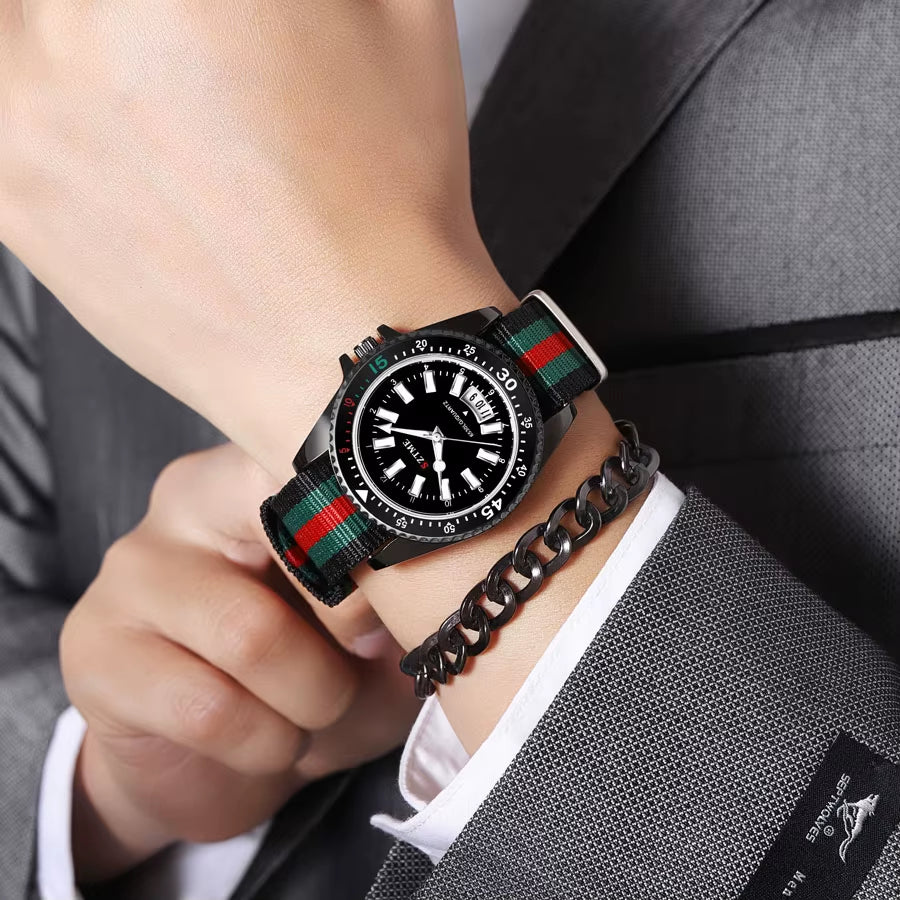Chic Women's Nylon Strap Calendar Watch - Elegant Luminous Quartz Timepiece for Couples