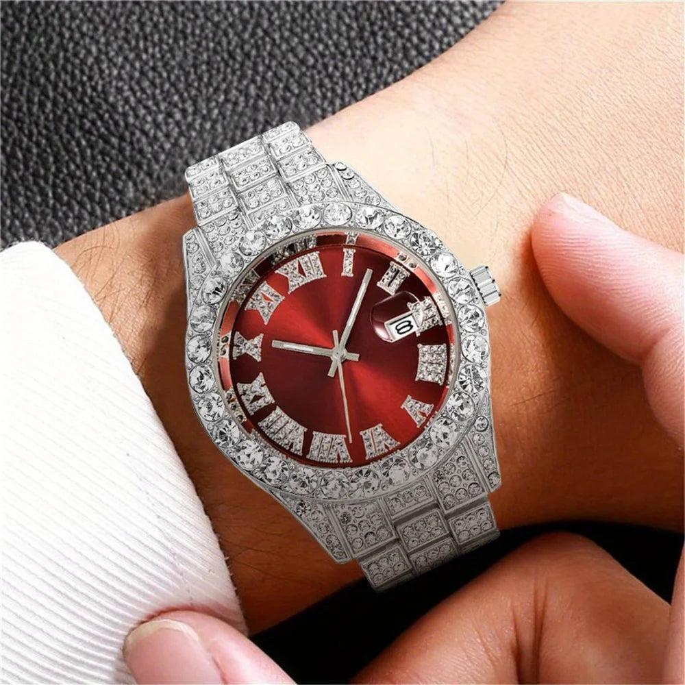 Elevate Your Style with the Mens Hip Hop Retro Quartz Watch Featuring an Eye-Catching Rhinestone Dial and Sturdy Stainless Steel Band