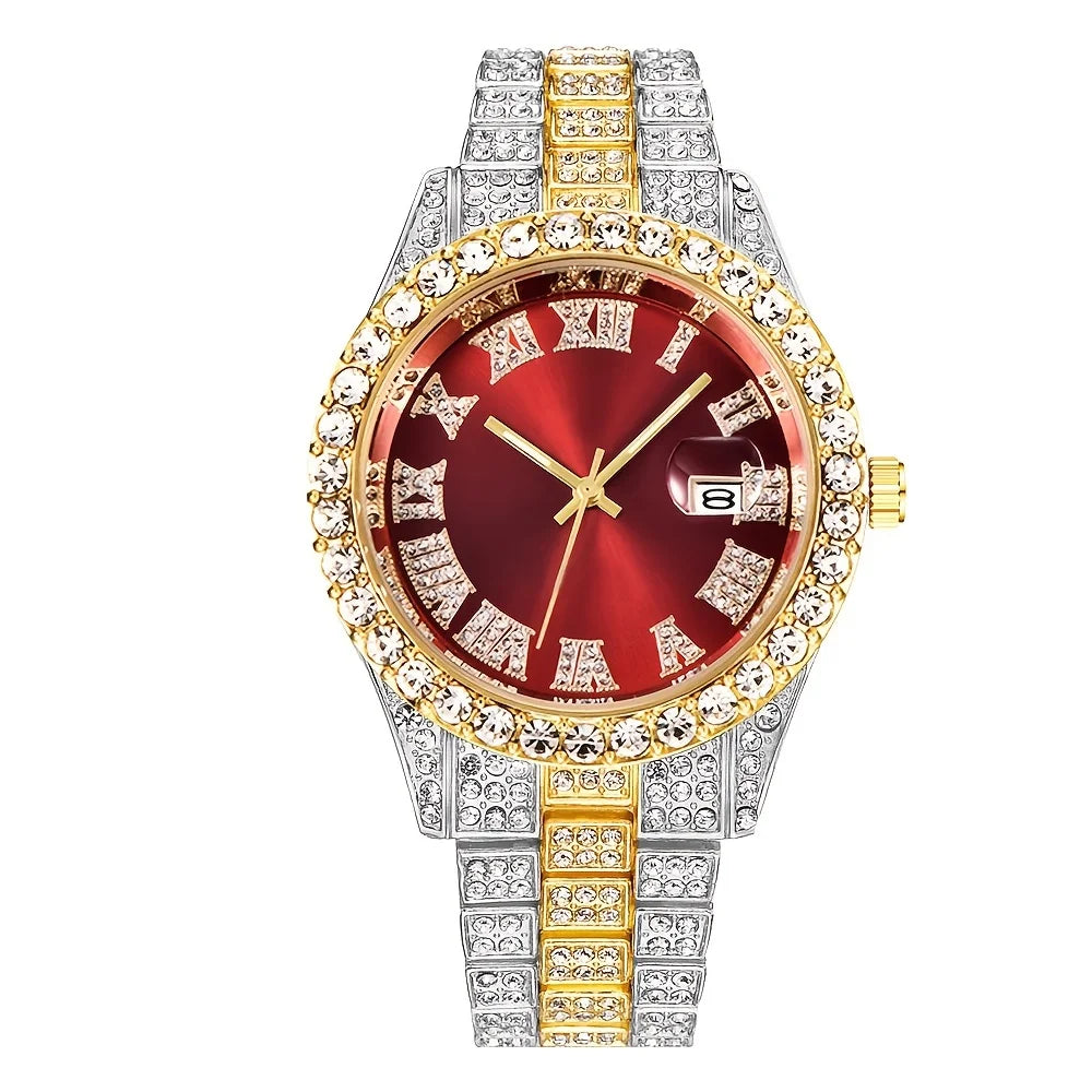 Elevate Your Style with the Mens Hip Hop Retro Quartz Watch Featuring an Eye-Catching Rhinestone Dial and Sturdy Stainless Steel Band