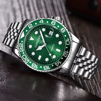 Stylish Men's Quartz Watch with Stainless Steel Band - Casual Calendar Design for Students and Trendsetters - Green Relogios Masculinos 2024