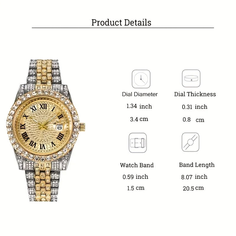 Elevate Your Style with the Mens Hip Hop Retro Quartz Watch Featuring an Eye-Catching Rhinestone Dial and Sturdy Stainless Steel Band