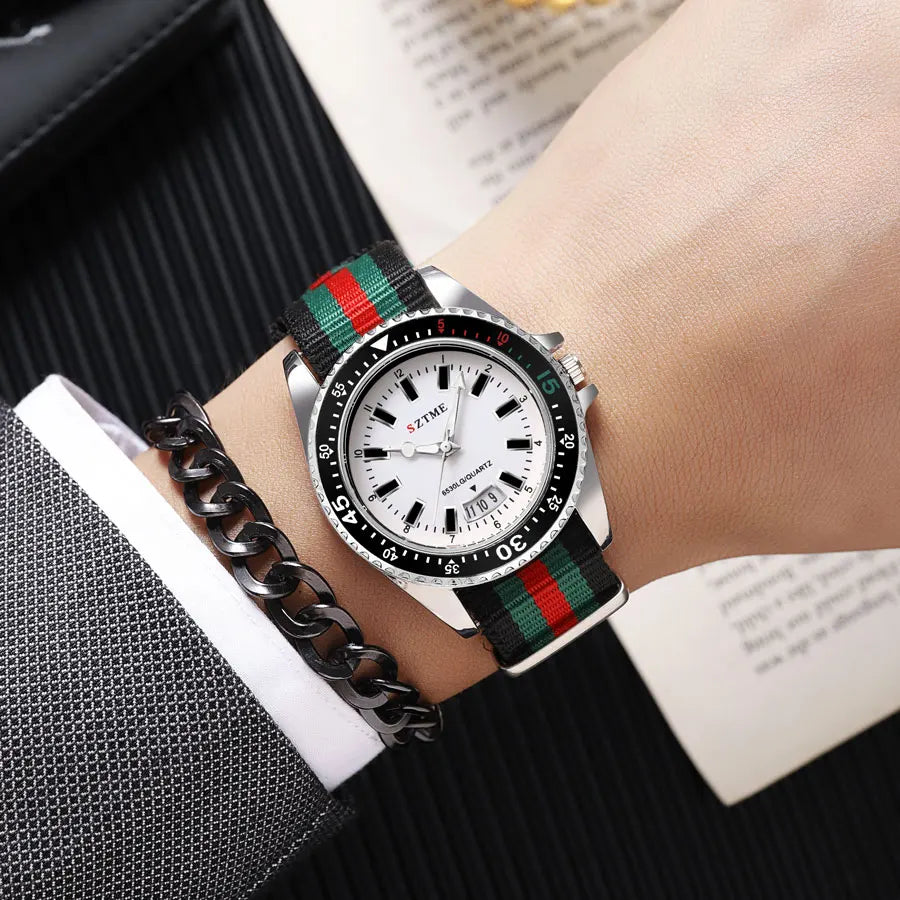 Chic Women's Nylon Strap Calendar Watch - Elegant Luminous Quartz Timepiece for Couples