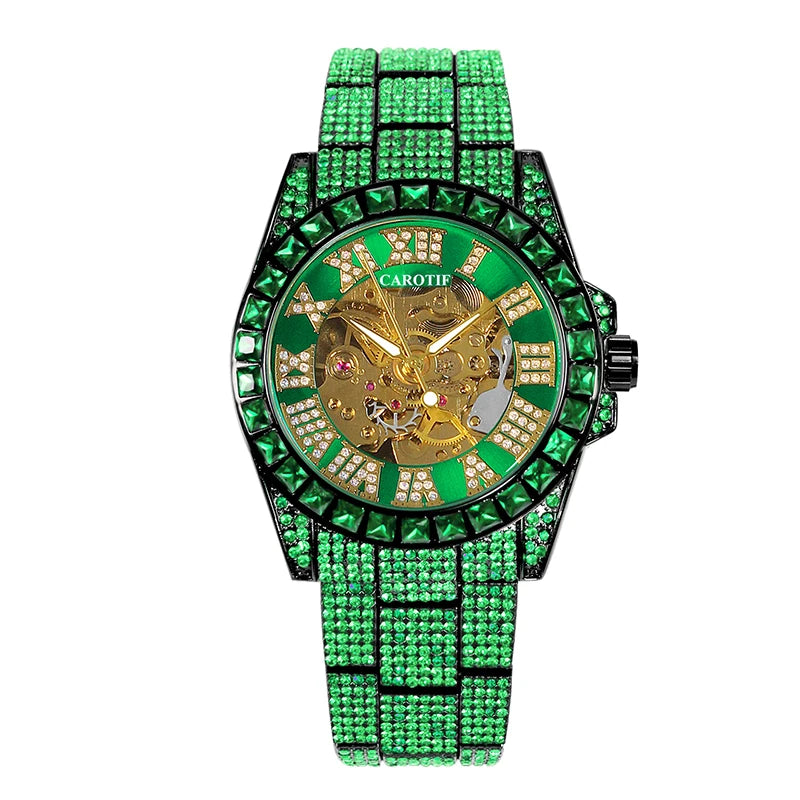 A Men'S Green Steel Strap Luxury Trendy Analog Delicate Pinion Automatic Mechanical Watch