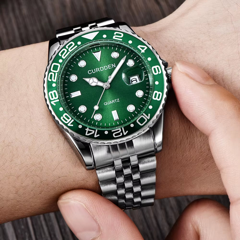 Stylish Men's Quartz Watch with Stainless Steel Band - Casual Calendar Design for Students and Trendsetters - Green Relogios Masculinos 2024