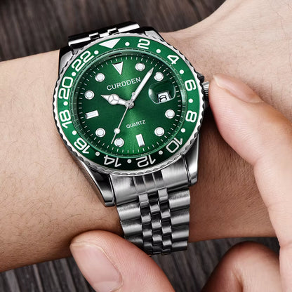 Stylish Men's Quartz Watch with Stainless Steel Band - Casual Calendar Design for Students and Trendsetters - Green Relogios Masculinos 2024