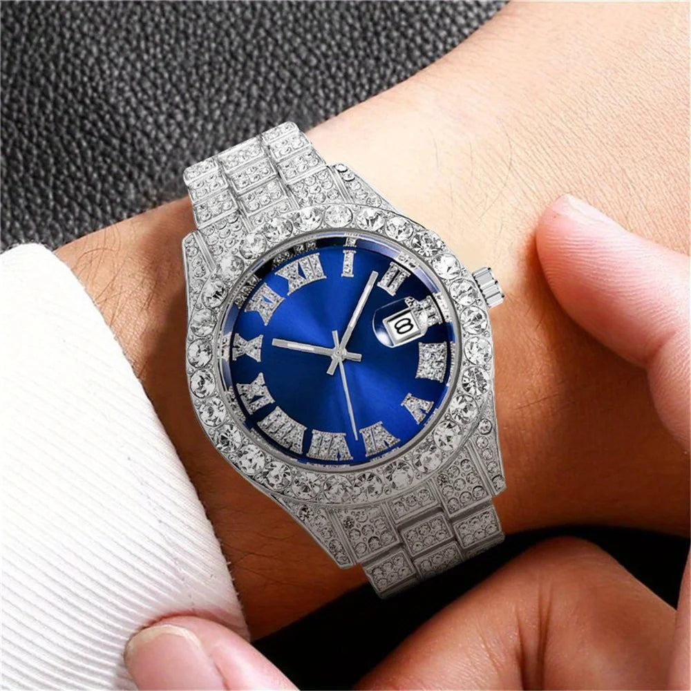 Elevate Your Style with the Mens Hip Hop Retro Quartz Watch Featuring an Eye-Catching Rhinestone Dial and Sturdy Stainless Steel Band