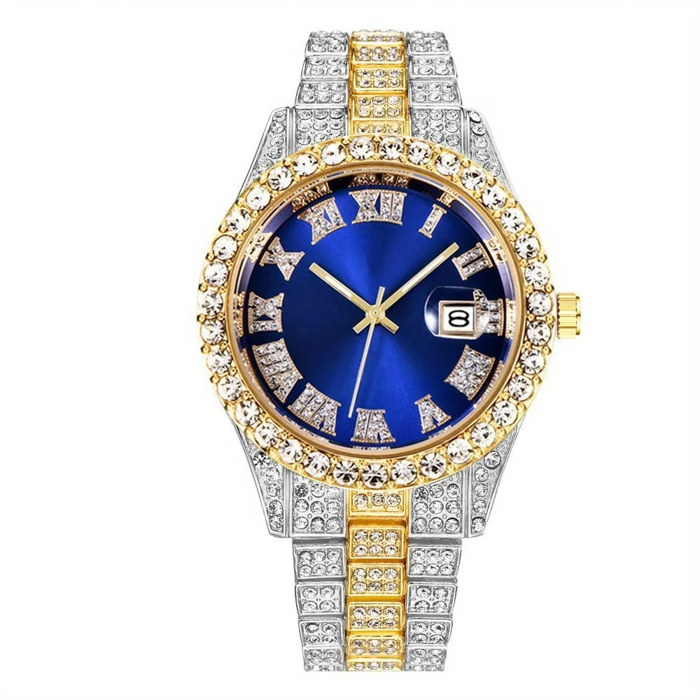 Elevate Your Style with the Mens Hip Hop Retro Quartz Watch Featuring an Eye-Catching Rhinestone Dial and Sturdy Stainless Steel Band