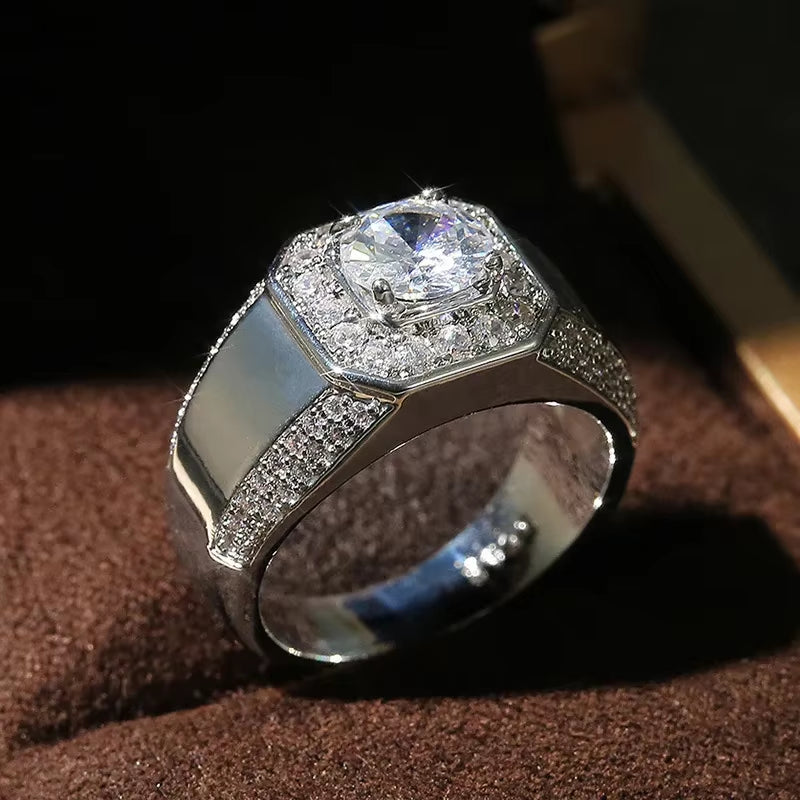 Exquisite Luxury 925 Sterling Silver Men's AAA Crystal Zircon Wedding Ring - Perfect for Engagements and Special Occasions
