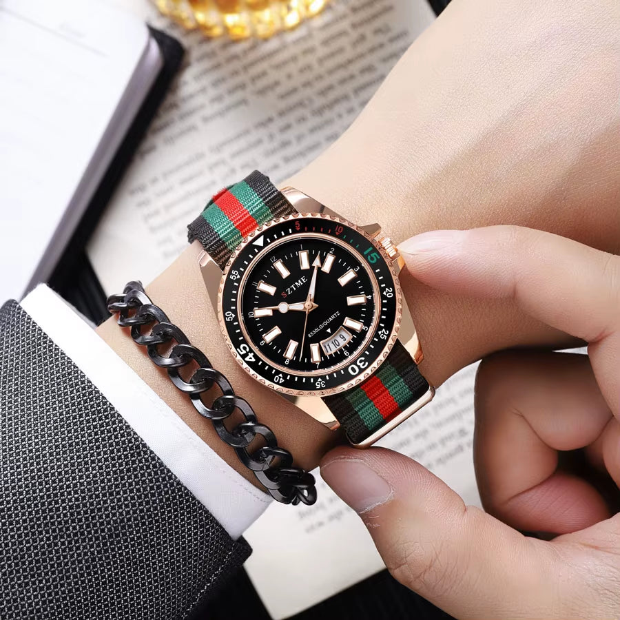 Chic Women's Nylon Strap Calendar Watch - Elegant Luminous Quartz Timepiece for Couples