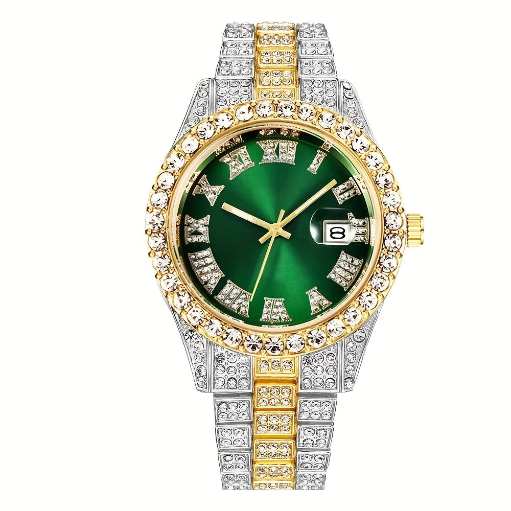Elevate Your Style with the Mens Hip Hop Retro Quartz Watch Featuring an Eye-Catching Rhinestone Dial and Sturdy Stainless Steel Band