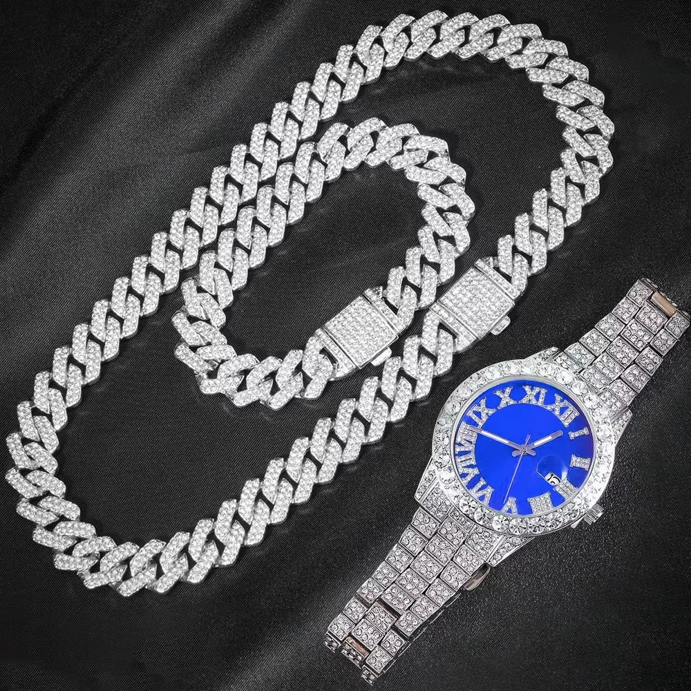 Elevate Your Style with the 3-Piece Cuban Chain Watch Set for Men - Hip Hop Miami Curb Iced Out Paved Rhinestones Necklace, Bracelet, and Watch Ensemble