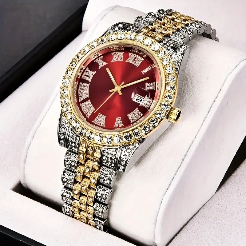 Elevate Your Style with the Mens Hip Hop Retro Quartz Watch Featuring an Eye-Catching Rhinestone Dial and Sturdy Stainless Steel Band