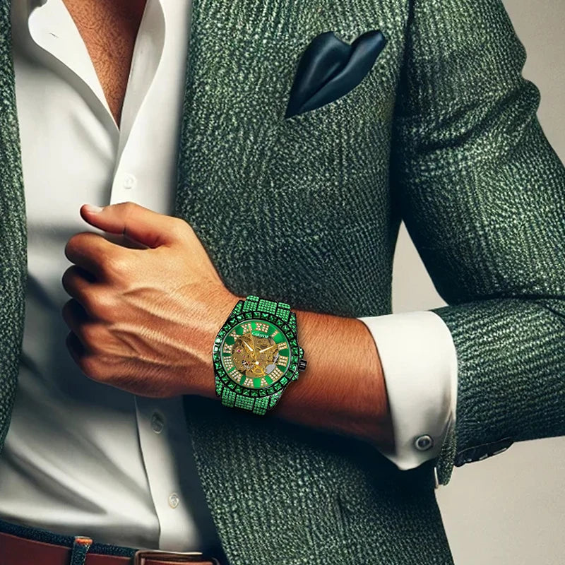 A Men'S Green Steel Strap Luxury Trendy Analog Delicate Pinion Automatic Mechanical Watch