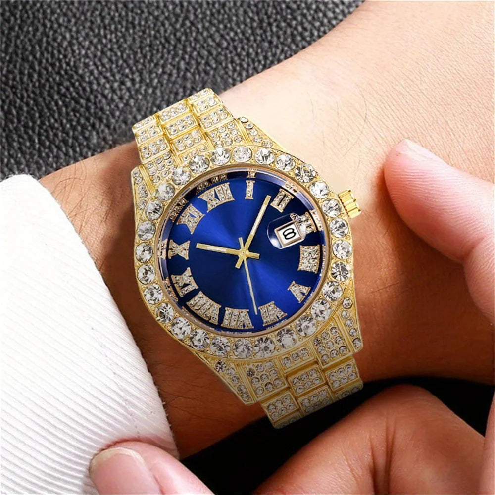 Elevate Your Style with the Mens Hip Hop Retro Quartz Watch Featuring an Eye-Catching Rhinestone Dial and Sturdy Stainless Steel Band