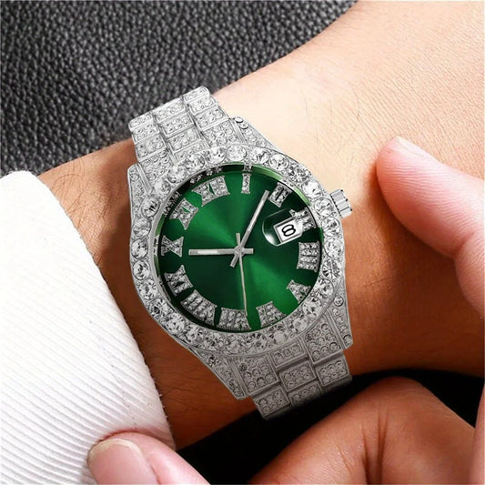 Elevate Your Style with the Mens Hip Hop Retro Quartz Watch Featuring an Eye-Catching Rhinestone Dial and Sturdy Stainless Steel Band