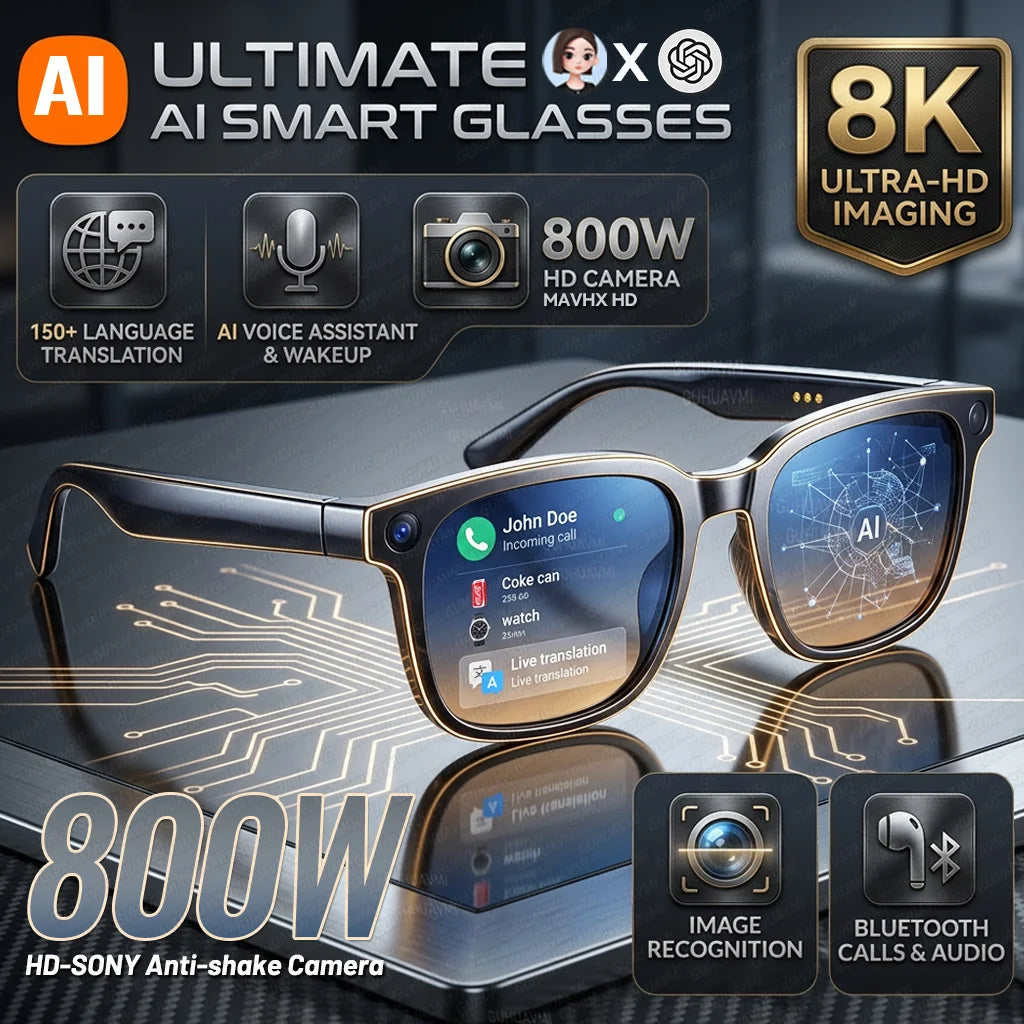 2026 Ai Smart Glasses for Men Women 8MP 4K HD Camera Glasses 150+Language Translation AI Wake-Up Bluetooth Music Audio Sunglass