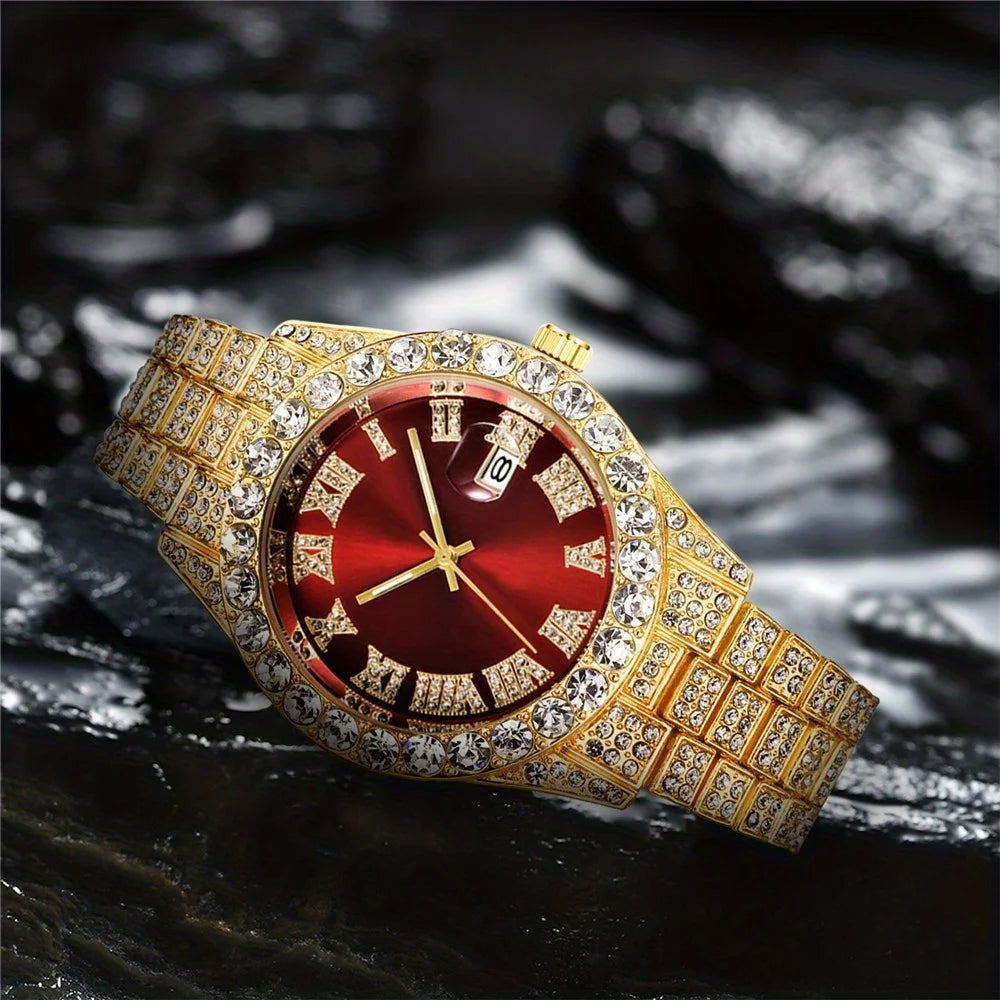 Elevate Your Style with the Mens Hip Hop Retro Quartz Watch Featuring an Eye-Catching Rhinestone Dial and Sturdy Stainless Steel Band