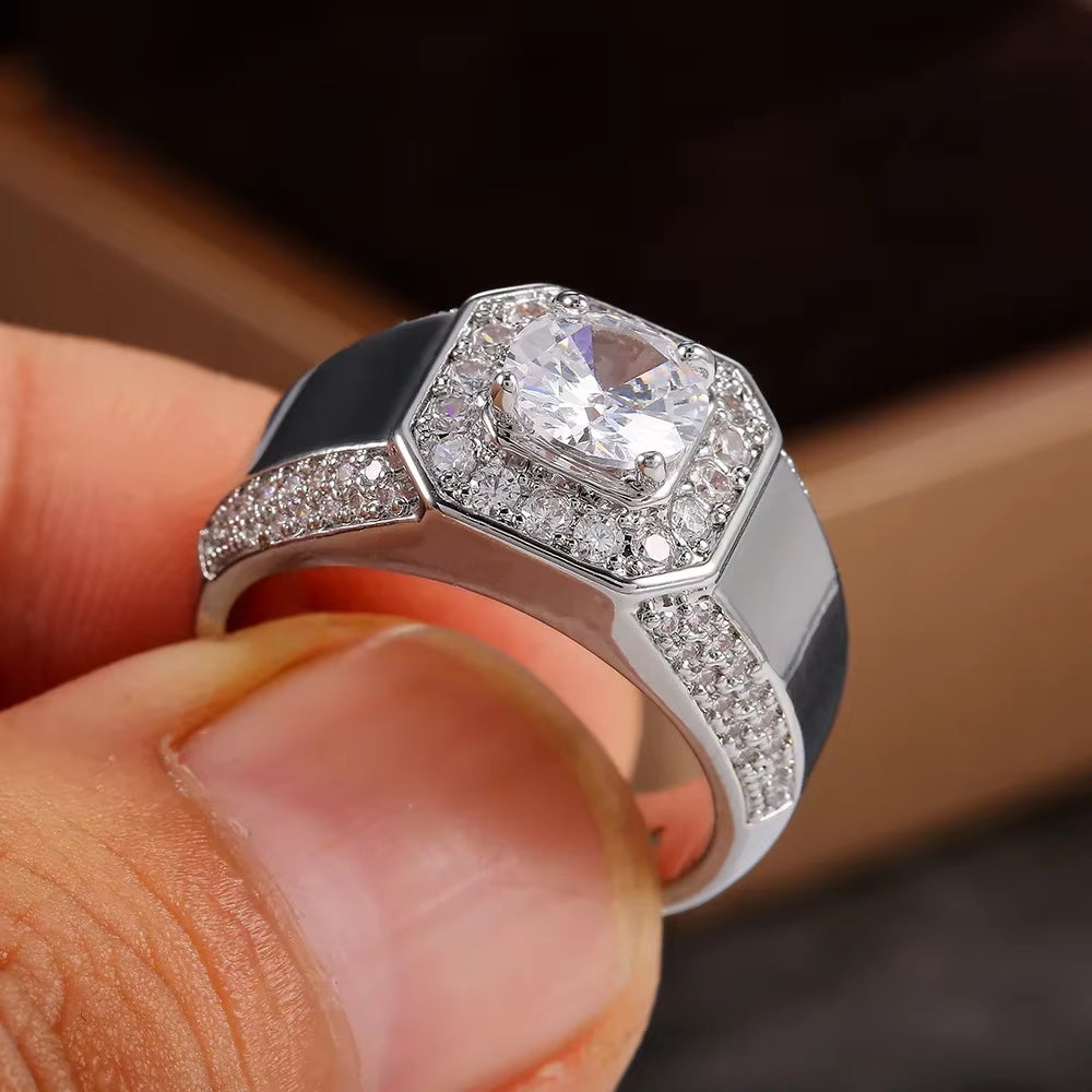Exquisite Luxury 925 Sterling Silver Men's AAA Crystal Zircon Wedding Ring - Perfect for Engagements and Special Occasions