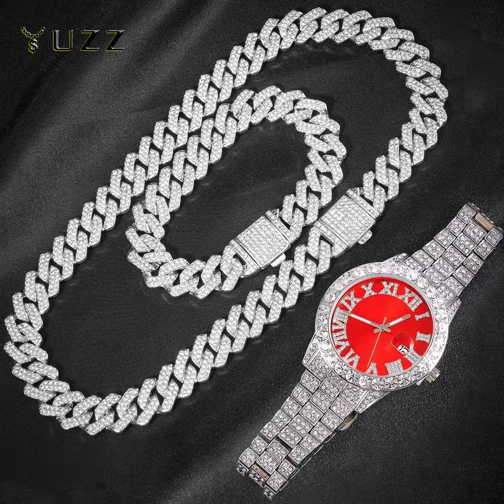 Elevate Your Style with the 3-Piece Cuban Chain Watch Set for Men - Hip Hop Miami Curb Iced Out Paved Rhinestones Necklace, Bracelet, and Watch Ensemble