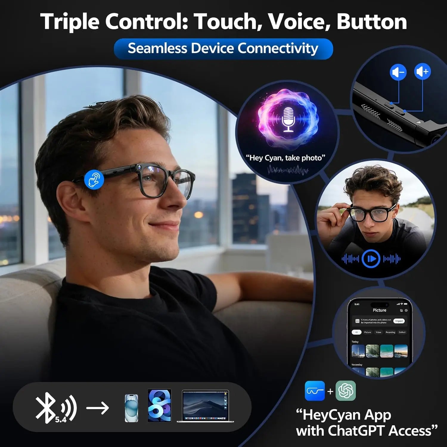 2026 Ai Smart Glasses for Men Women 8MP 4K HD Camera Glasses 150+Language Translation AI Wake-Up Bluetooth Music Audio Sunglass