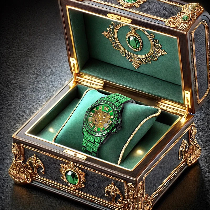 A Men'S Green Steel Strap Luxury Trendy Analog Delicate Pinion Automatic Mechanical Watch