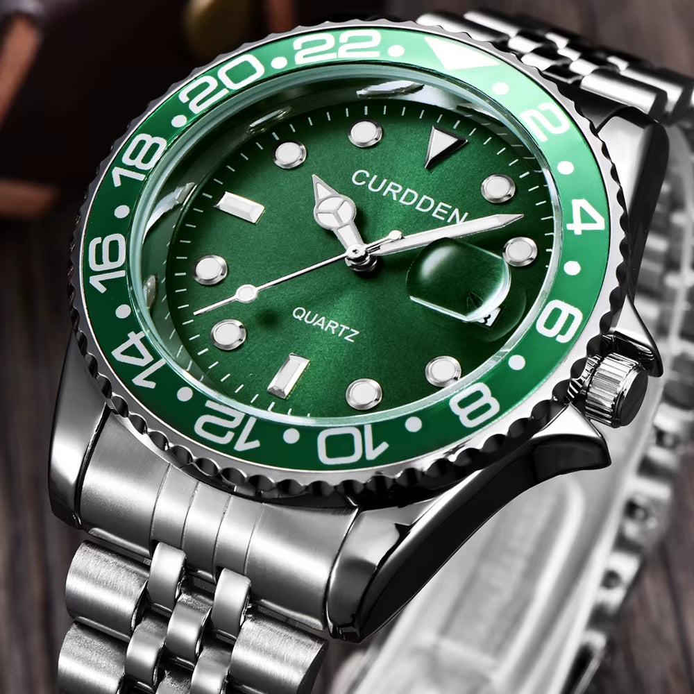 Stylish Men's Quartz Watch with Stainless Steel Band - Casual Calendar Design for Students and Trendsetters - Green Relogios Masculinos 2024