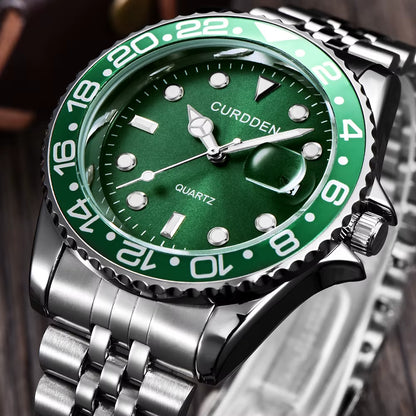 Stylish Men's Quartz Watch with Stainless Steel Band - Casual Calendar Design for Students and Trendsetters - Green Relogios Masculinos 2024