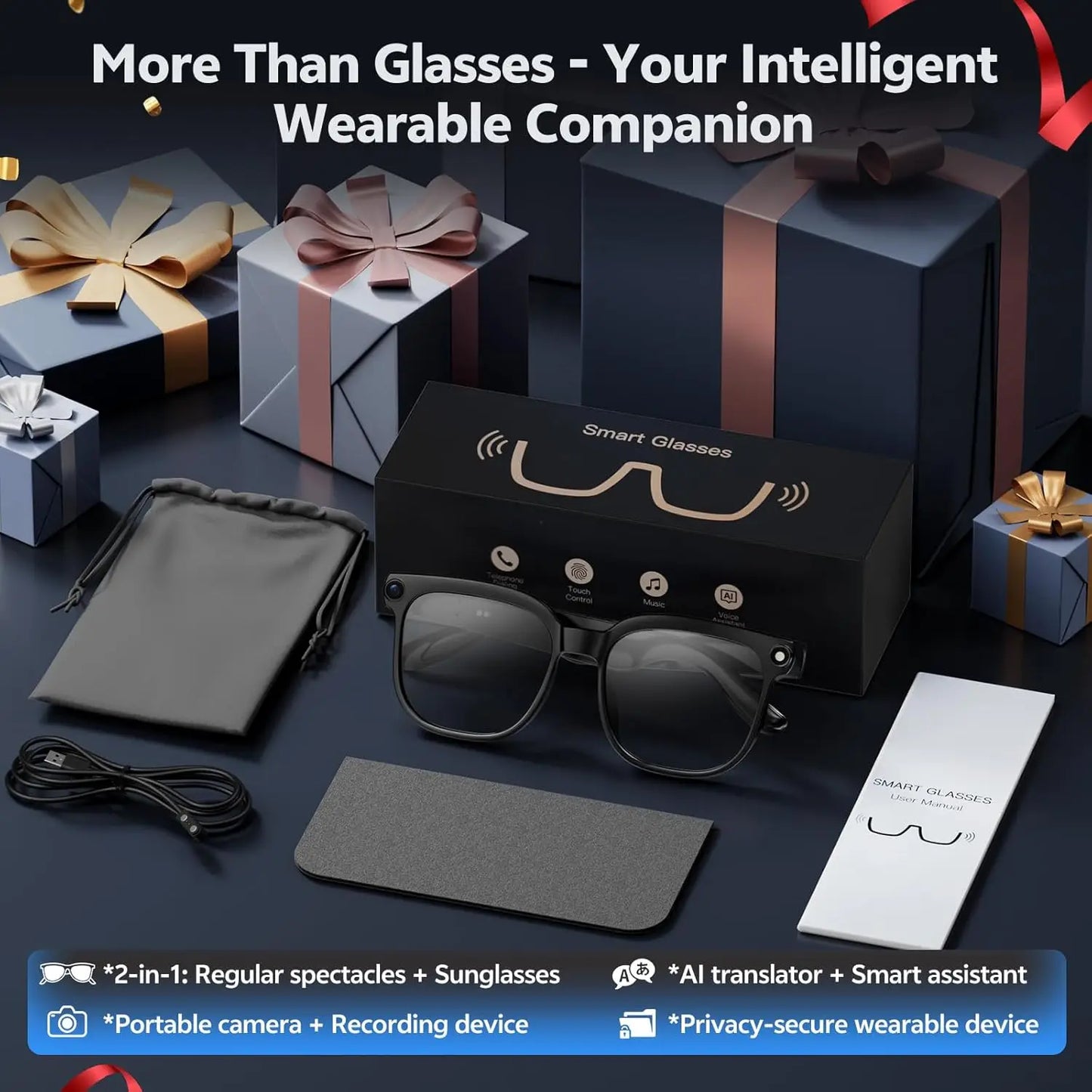 2026 Ai Smart Glasses for Men Women 8MP 4K HD Camera Glasses 150+Language Translation AI Wake-Up Bluetooth Music Audio Sunglass