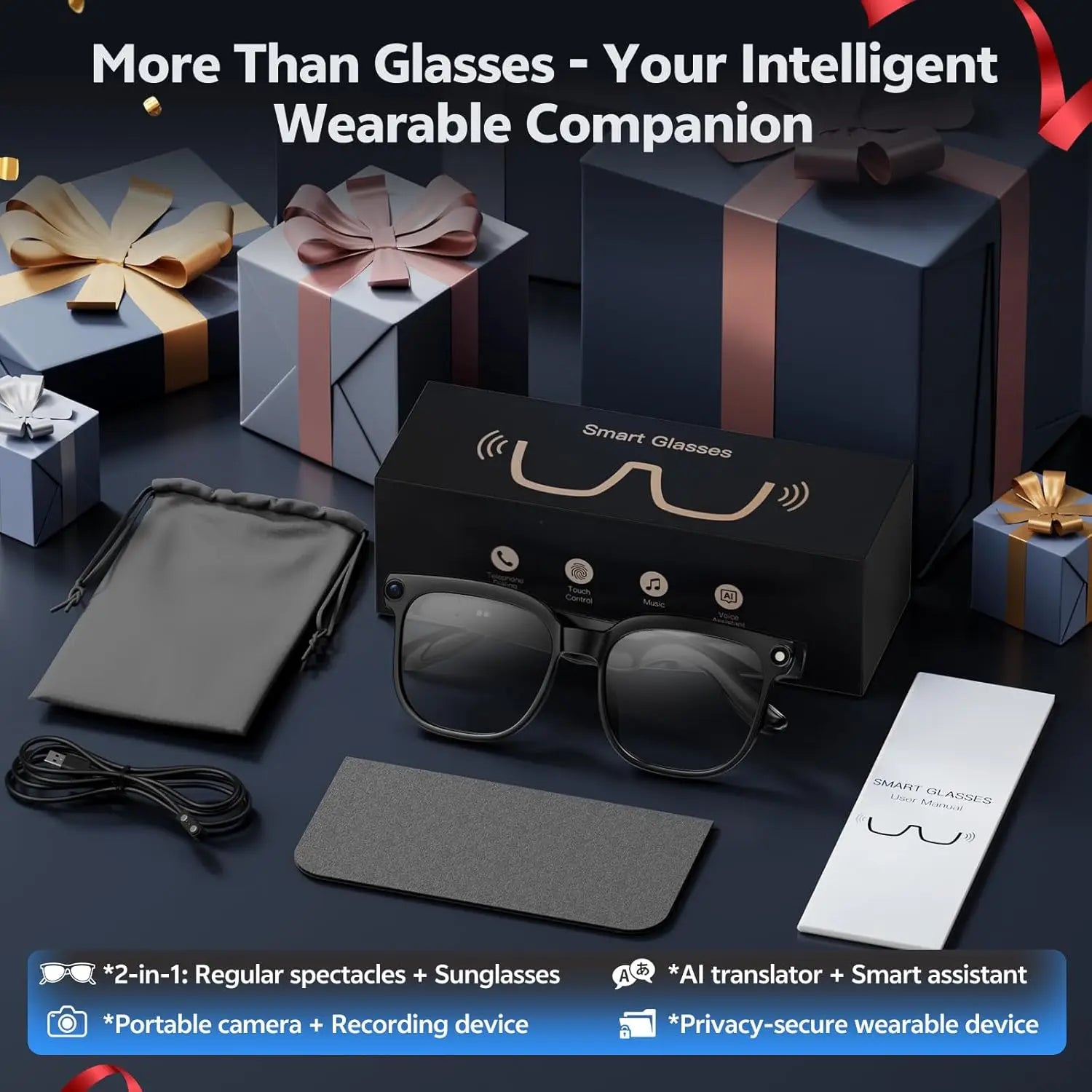 2026 Ai Smart Glasses for Men Women 8MP 4K HD Camera Glasses 150+Language Translation AI Wake-Up Bluetooth Music Audio Sunglass