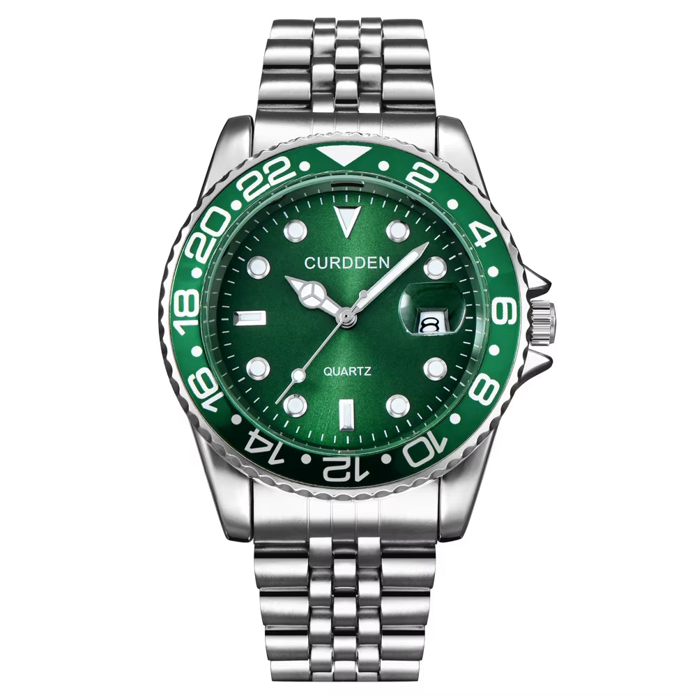Stylish Men's Quartz Watch with Stainless Steel Band - Casual Calendar Design for Students and Trendsetters - Green Relogios Masculinos 2024
