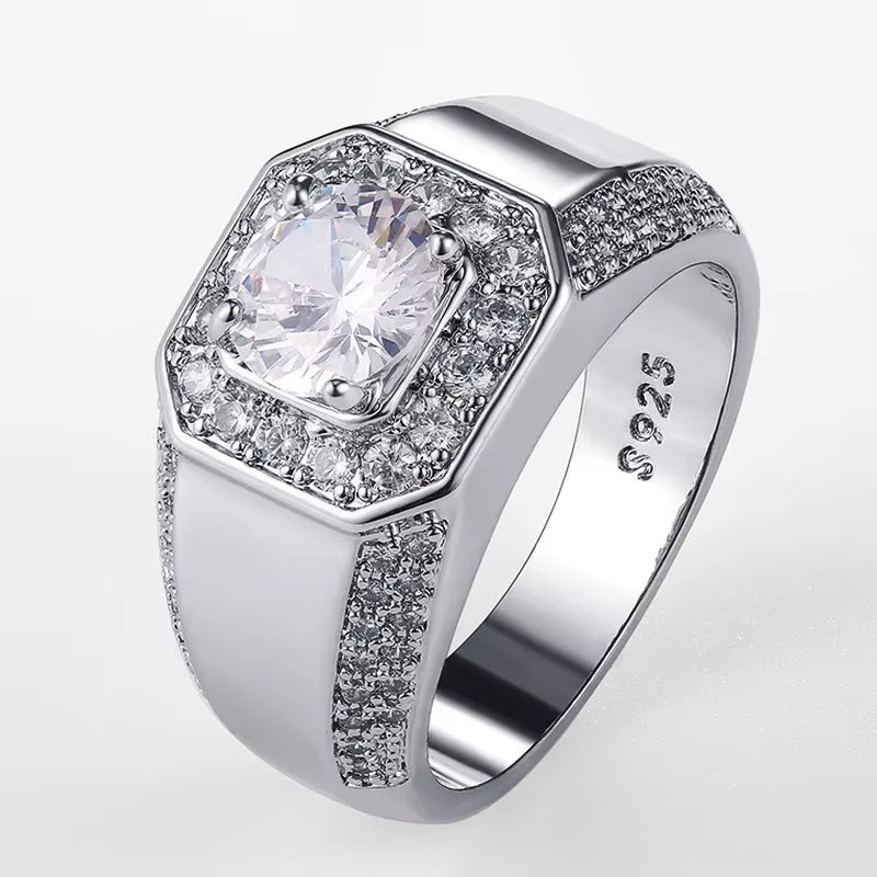 Exquisite Luxury 925 Sterling Silver Men's AAA Crystal Zircon Wedding Ring - Perfect for Engagements and Special Occasions