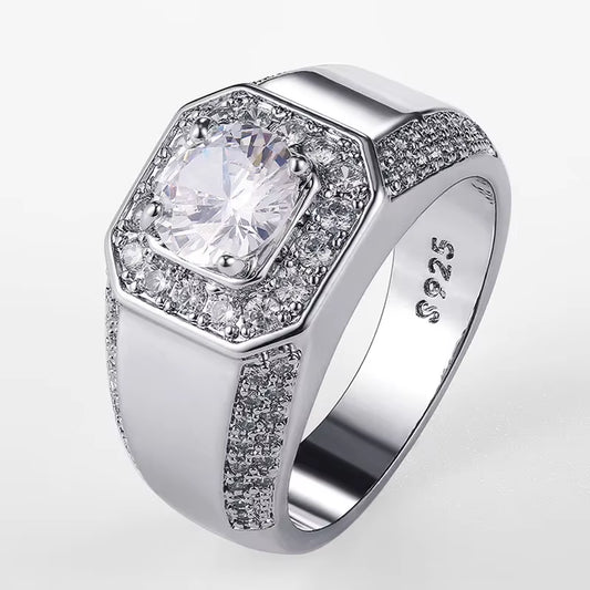 Exquisite Luxury 925 Sterling Silver Men's AAA Crystal Zircon Wedding Ring - Perfect for Engagements and Special Occasions
