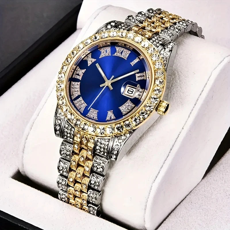 Elevate Your Style with the Mens Hip Hop Retro Quartz Watch Featuring an Eye-Catching Rhinestone Dial and Sturdy Stainless Steel Band