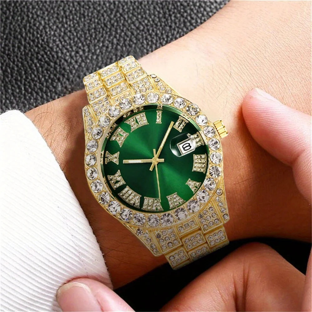 Elevate Your Style with the Mens Hip Hop Retro Quartz Watch Featuring an Eye-Catching Rhinestone Dial and Sturdy Stainless Steel Band