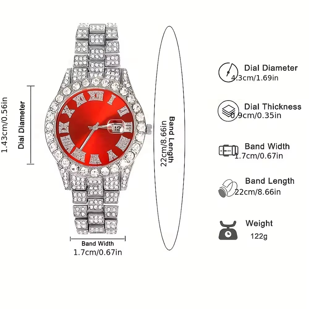 Elevate Your Style with the 3-Piece Cuban Chain Watch Set for Men - Hip Hop Miami Curb Iced Out Paved Rhinestones Necklace, Bracelet, and Watch Ensemble