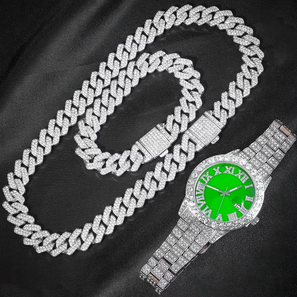 Elevate Your Style with the 3-Piece Cuban Chain Watch Set for Men - Hip Hop Miami Curb Iced Out Paved Rhinestones Necklace, Bracelet, and Watch Ensemble
